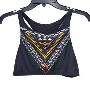 Women’s Black High-Neck Bikini Top with Multicolor Tribal Print